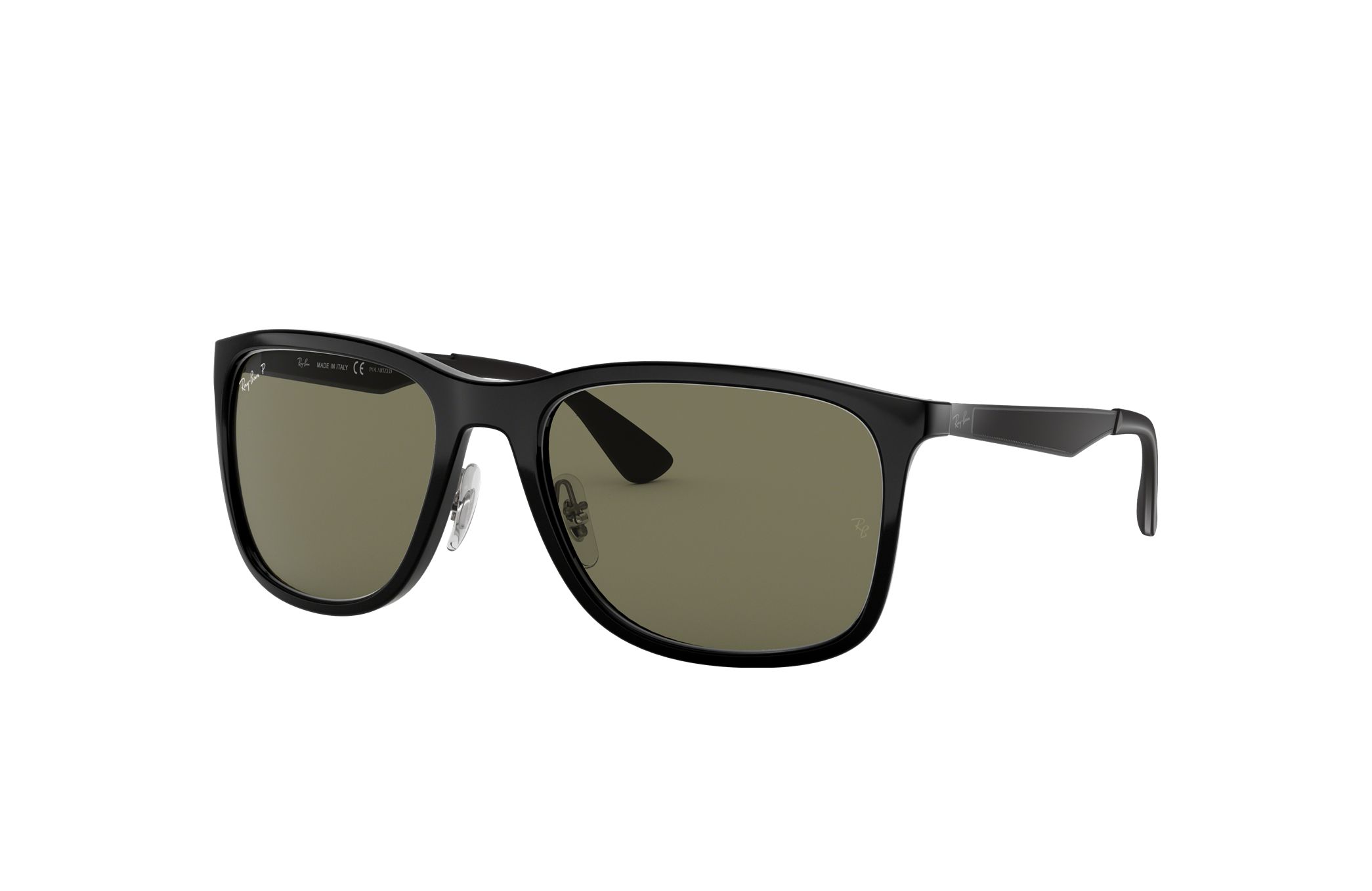 Ray-Ban RB4313-601/9A Unisex Gloss Black Square Green Lens Nylon Sunglasses displayed with case and cleaning cloth.